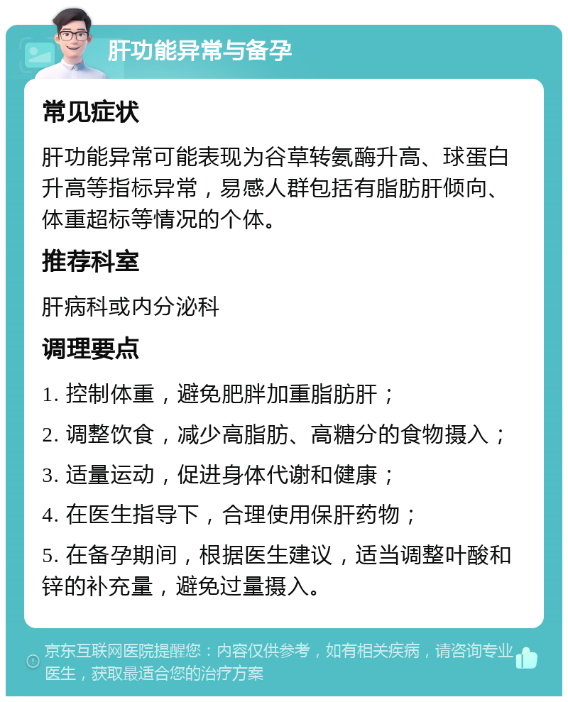 肝功能异常与备孕 常见症状 肝功能异常可能表现为谷草转氨酶升高、球蛋白升高等指标异常，易感人群包括有脂肪肝倾向、体重超标等情况的个体。 推荐科室 肝病科或内分泌科 调理要点 1. 控制体重，避免肥胖加重脂肪肝； 2. 调整饮食，减少高脂肪、高糖分的食物摄入； 3. 适量运动，促进身体代谢和健康； 4. 在医生指导下，合理使用保肝药物； 5. 在备孕期间，根据医生建议，适当调整叶酸和锌的补充量，避免过量摄入。