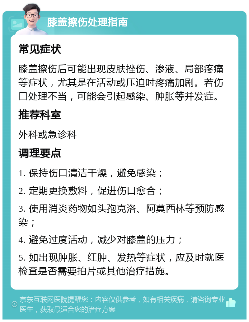 膝盖擦伤处理指南 常见症状 膝盖擦伤后可能出现皮肤挫伤、渗液、局部疼痛等症状，尤其是在活动或压迫时疼痛加剧。若伤口处理不当，可能会引起感染、肿胀等并发症。 推荐科室 外科或急诊科 调理要点 1. 保持伤口清洁干燥，避免感染； 2. 定期更换敷料，促进伤口愈合； 3. 使用消炎药物如头孢克洛、阿莫西林等预防感染； 4. 避免过度活动，减少对膝盖的压力； 5. 如出现肿胀、红肿、发热等症状，应及时就医检查是否需要拍片或其他治疗措施。