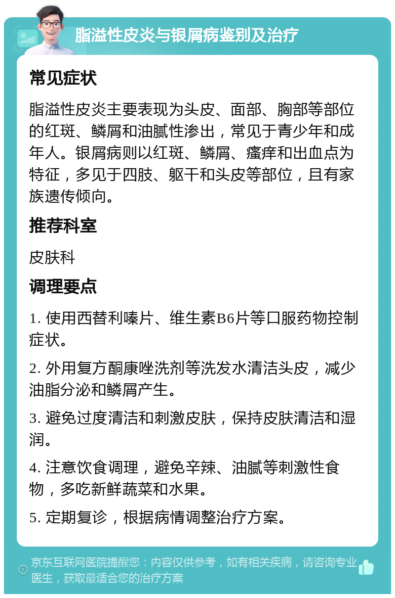 脂溢性皮炎与银屑病鉴别及治疗 常见症状 脂溢性皮炎主要表现为头皮、面部、胸部等部位的红斑、鳞屑和油腻性渗出，常见于青少年和成年人。银屑病则以红斑、鳞屑、瘙痒和出血点为特征，多见于四肢、躯干和头皮等部位，且有家族遗传倾向。 推荐科室 皮肤科 调理要点 1. 使用西替利嗪片、维生素B6片等口服药物控制症状。 2. 外用复方酮康唑洗剂等洗发水清洁头皮，减少油脂分泌和鳞屑产生。 3. 避免过度清洁和刺激皮肤，保持皮肤清洁和湿润。 4. 注意饮食调理，避免辛辣、油腻等刺激性食物，多吃新鲜蔬菜和水果。 5. 定期复诊，根据病情调整治疗方案。