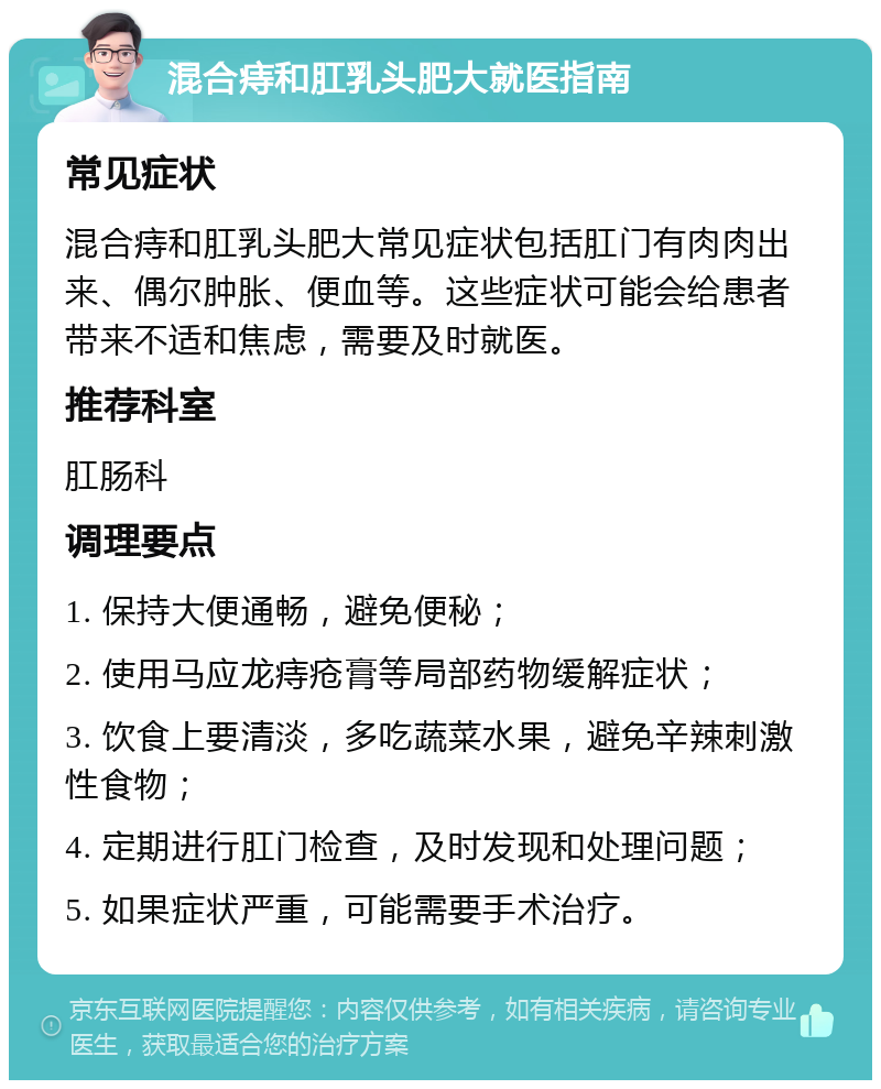 混合痔和肛乳头肥大就医指南 常见症状 混合痔和肛乳头肥大常见症状包括肛门有肉肉出来、偶尔肿胀、便血等。这些症状可能会给患者带来不适和焦虑，需要及时就医。 推荐科室 肛肠科 调理要点 1. 保持大便通畅，避免便秘； 2. 使用马应龙痔疮膏等局部药物缓解症状； 3. 饮食上要清淡，多吃蔬菜水果，避免辛辣刺激性食物； 4. 定期进行肛门检查，及时发现和处理问题； 5. 如果症状严重，可能需要手术治疗。