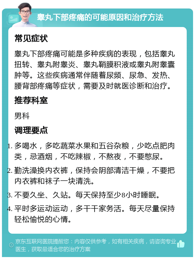 睾丸下部疼痛的可能原因和治疗方法 常见症状 睾丸下部疼痛可能是多种疾病的表现，包括睾丸扭转、睾丸附睾炎、睾丸鞘膜积液或睾丸附睾囊肿等。这些疾病通常伴随着尿频、尿急、发热、腰背部疼痛等症状，需要及时就医诊断和治疗。 推荐科室 男科 调理要点 多喝水，多吃蔬菜水果和五谷杂粮，少吃点肥肉类，忌酒烟，不吃辣椒，不熬夜，不要憋尿。 勤洗澡换内衣裤，保持会阴部清洁干燥，不要把内衣裤和袜子一块清洗。 不要久坐、久站。每天保持至少8小时睡眠。 平时多运动运动，多干干家务活。每天尽量保持轻松愉悦的心情。