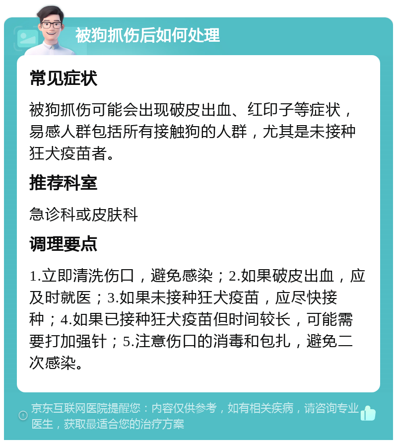 被狗抓伤后如何处理 常见症状 被狗抓伤可能会出现破皮出血、红印子等症状，易感人群包括所有接触狗的人群，尤其是未接种狂犬疫苗者。 推荐科室 急诊科或皮肤科 调理要点 1.立即清洗伤口，避免感染；2.如果破皮出血，应及时就医；3.如果未接种狂犬疫苗，应尽快接种；4.如果已接种狂犬疫苗但时间较长，可能需要打加强针；5.注意伤口的消毒和包扎，避免二次感染。