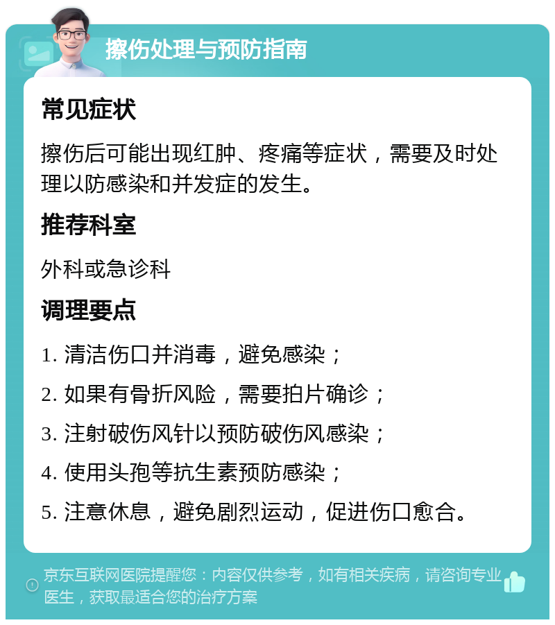 擦伤处理与预防指南 常见症状 擦伤后可能出现红肿、疼痛等症状，需要及时处理以防感染和并发症的发生。 推荐科室 外科或急诊科 调理要点 1. 清洁伤口并消毒，避免感染； 2. 如果有骨折风险，需要拍片确诊； 3. 注射破伤风针以预防破伤风感染； 4. 使用头孢等抗生素预防感染； 5. 注意休息，避免剧烈运动，促进伤口愈合。