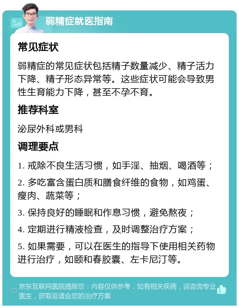 弱精症就医指南 常见症状 弱精症的常见症状包括精子数量减少、精子活力下降、精子形态异常等。这些症状可能会导致男性生育能力下降，甚至不孕不育。 推荐科室 泌尿外科或男科 调理要点 1. 戒除不良生活习惯，如手淫、抽烟、喝酒等； 2. 多吃富含蛋白质和膳食纤维的食物，如鸡蛋、瘦肉、蔬菜等； 3. 保持良好的睡眠和作息习惯，避免熬夜； 4. 定期进行精液检查，及时调整治疗方案； 5. 如果需要，可以在医生的指导下使用相关药物进行治疗，如颐和春胶囊、左卡尼汀等。