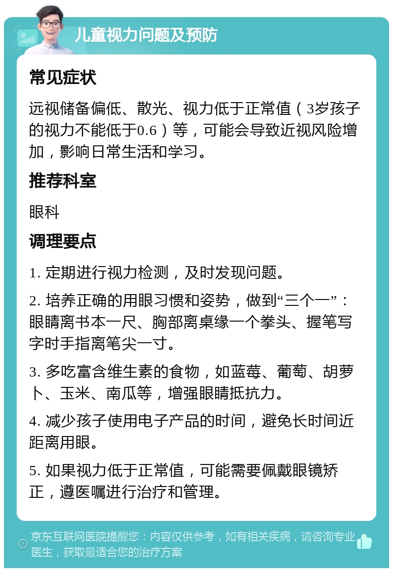 儿童视力问题及预防 常见症状 远视储备偏低、散光、视力低于正常值（3岁孩子的视力不能低于0.6）等，可能会导致近视风险增加，影响日常生活和学习。 推荐科室 眼科 调理要点 1. 定期进行视力检测，及时发现问题。 2. 培养正确的用眼习惯和姿势，做到“三个一”：眼睛离书本一尺、胸部离桌缘一个拳头、握笔写字时手指离笔尖一寸。 3. 多吃富含维生素的食物，如蓝莓、葡萄、胡萝卜、玉米、南瓜等，增强眼睛抵抗力。 4. 减少孩子使用电子产品的时间，避免长时间近距离用眼。 5. 如果视力低于正常值，可能需要佩戴眼镜矫正，遵医嘱进行治疗和管理。