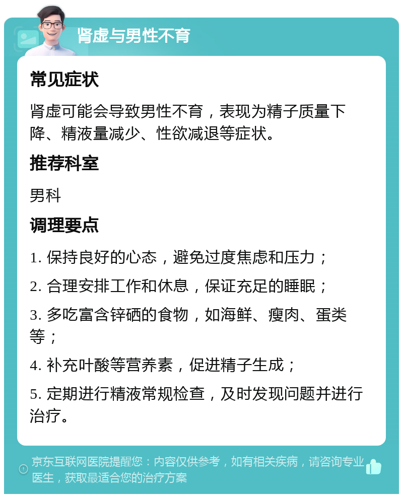 肾虚与男性不育 常见症状 肾虚可能会导致男性不育，表现为精子质量下降、精液量减少、性欲减退等症状。 推荐科室 男科 调理要点 1. 保持良好的心态，避免过度焦虑和压力； 2. 合理安排工作和休息，保证充足的睡眠； 3. 多吃富含锌硒的食物，如海鲜、瘦肉、蛋类等； 4. 补充叶酸等营养素，促进精子生成； 5. 定期进行精液常规检查，及时发现问题并进行治疗。