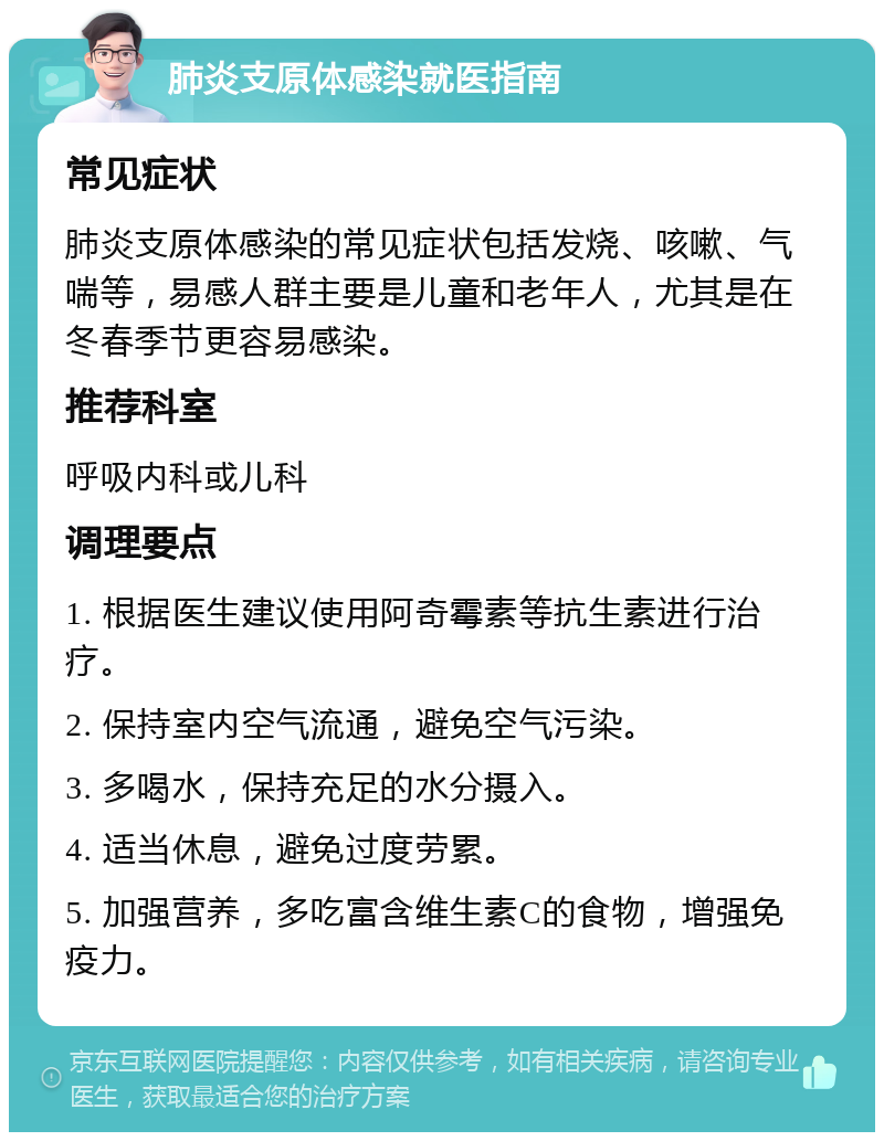 肺炎支原体感染就医指南 常见症状 肺炎支原体感染的常见症状包括发烧、咳嗽、气喘等，易感人群主要是儿童和老年人，尤其是在冬春季节更容易感染。 推荐科室 呼吸内科或儿科 调理要点 1. 根据医生建议使用阿奇霉素等抗生素进行治疗。 2. 保持室内空气流通，避免空气污染。 3. 多喝水，保持充足的水分摄入。 4. 适当休息，避免过度劳累。 5. 加强营养，多吃富含维生素C的食物，增强免疫力。