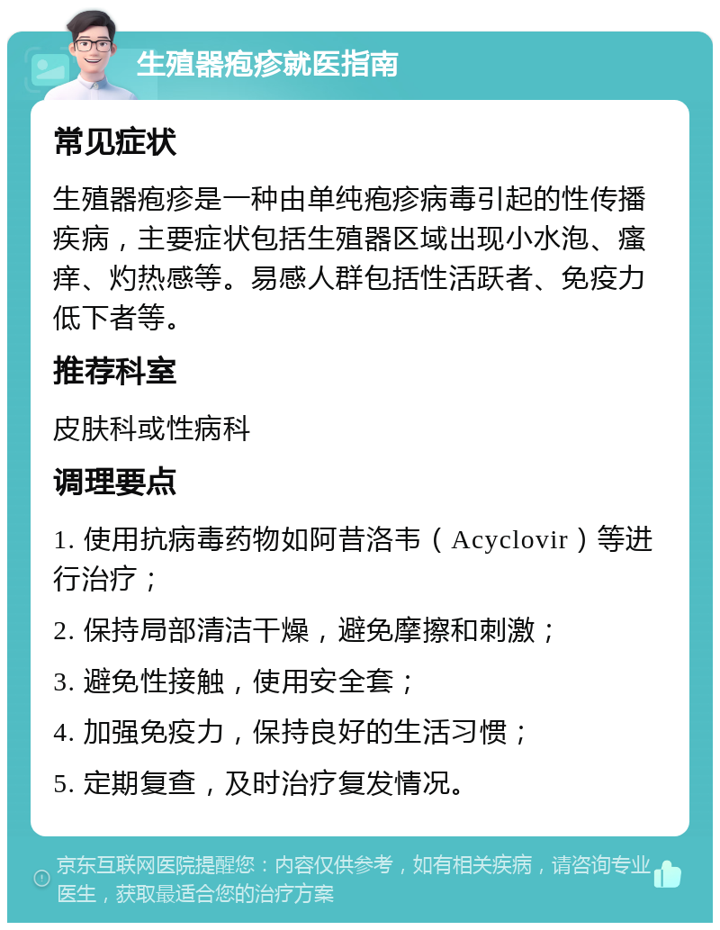 生殖器疱疹就医指南 常见症状 生殖器疱疹是一种由单纯疱疹病毒引起的性传播疾病，主要症状包括生殖器区域出现小水泡、瘙痒、灼热感等。易感人群包括性活跃者、免疫力低下者等。 推荐科室 皮肤科或性病科 调理要点 1. 使用抗病毒药物如阿昔洛韦（Acyclovir）等进行治疗； 2. 保持局部清洁干燥，避免摩擦和刺激； 3. 避免性接触，使用安全套； 4. 加强免疫力，保持良好的生活习惯； 5. 定期复查，及时治疗复发情况。