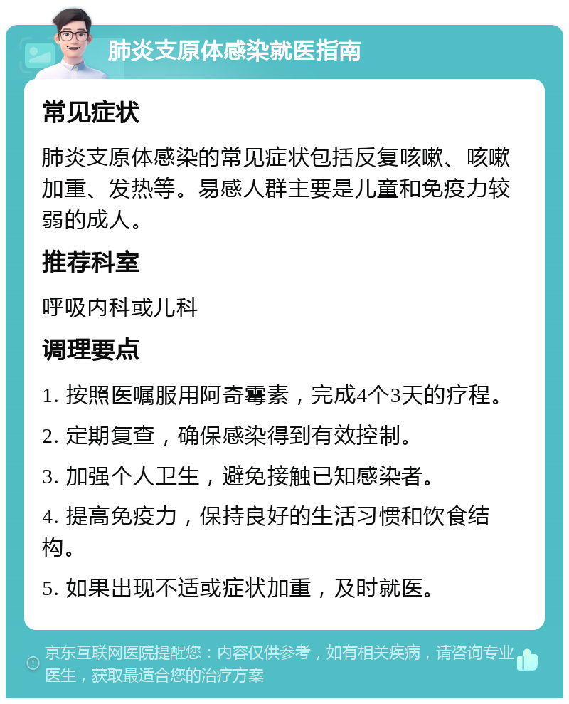 肺炎支原体感染就医指南 常见症状 肺炎支原体感染的常见症状包括反复咳嗽、咳嗽加重、发热等。易感人群主要是儿童和免疫力较弱的成人。 推荐科室 呼吸内科或儿科 调理要点 1. 按照医嘱服用阿奇霉素，完成4个3天的疗程。 2. 定期复查，确保感染得到有效控制。 3. 加强个人卫生，避免接触已知感染者。 4. 提高免疫力，保持良好的生活习惯和饮食结构。 5. 如果出现不适或症状加重，及时就医。