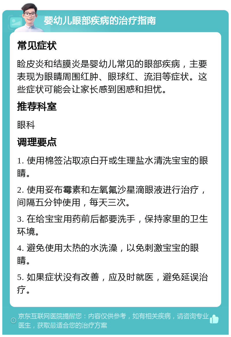 婴幼儿眼部疾病的治疗指南 常见症状 睑皮炎和结膜炎是婴幼儿常见的眼部疾病，主要表现为眼睛周围红肿、眼球红、流泪等症状。这些症状可能会让家长感到困惑和担忧。 推荐科室 眼科 调理要点 1. 使用棉签沾取凉白开或生理盐水清洗宝宝的眼睛。 2. 使用妥布霉素和左氧氟沙星滴眼液进行治疗，间隔五分钟使用，每天三次。 3. 在给宝宝用药前后都要洗手，保持家里的卫生环境。 4. 避免使用太热的水洗澡，以免刺激宝宝的眼睛。 5. 如果症状没有改善，应及时就医，避免延误治疗。