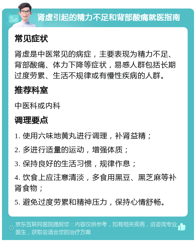 肾虚引起的精力不足和背部酸痛就医指南 常见症状 肾虚是中医常见的病症，主要表现为精力不足、背部酸痛、体力下降等症状，易感人群包括长期过度劳累、生活不规律或有慢性疾病的人群。 推荐科室 中医科或内科 调理要点 1. 使用六味地黄丸进行调理，补肾益精； 2. 多进行适量的运动，增强体质； 3. 保持良好的生活习惯，规律作息； 4. 饮食上应注意清淡，多食用黑豆、黑芝麻等补肾食物； 5. 避免过度劳累和精神压力，保持心情舒畅。