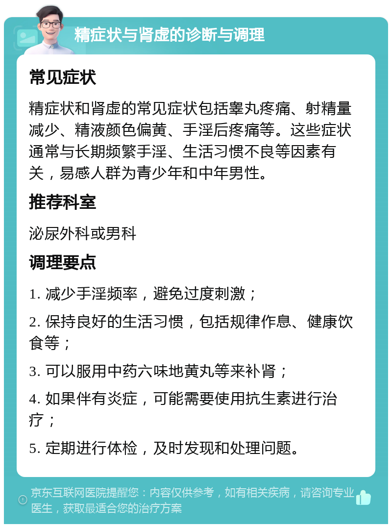 精症状与肾虚的诊断与调理 常见症状 精症状和肾虚的常见症状包括睾丸疼痛、射精量减少、精液颜色偏黄、手淫后疼痛等。这些症状通常与长期频繁手淫、生活习惯不良等因素有关，易感人群为青少年和中年男性。 推荐科室 泌尿外科或男科 调理要点 1. 减少手淫频率，避免过度刺激； 2. 保持良好的生活习惯，包括规律作息、健康饮食等； 3. 可以服用中药六味地黄丸等来补肾； 4. 如果伴有炎症，可能需要使用抗生素进行治疗； 5. 定期进行体检，及时发现和处理问题。