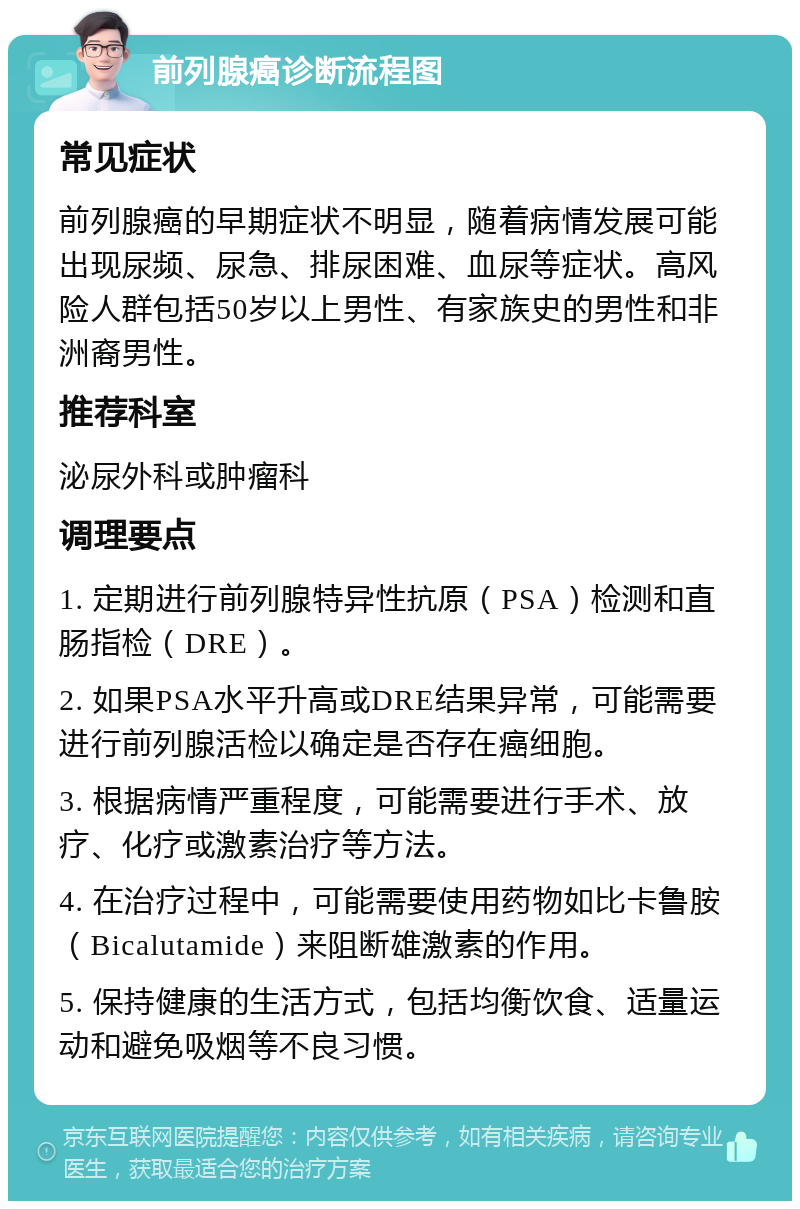 前列腺癌诊断流程图 常见症状 前列腺癌的早期症状不明显，随着病情发展可能出现尿频、尿急、排尿困难、血尿等症状。高风险人群包括50岁以上男性、有家族史的男性和非洲裔男性。 推荐科室 泌尿外科或肿瘤科 调理要点 1. 定期进行前列腺特异性抗原（PSA）检测和直肠指检（DRE）。 2. 如果PSA水平升高或DRE结果异常，可能需要进行前列腺活检以确定是否存在癌细胞。 3. 根据病情严重程度，可能需要进行手术、放疗、化疗或激素治疗等方法。 4. 在治疗过程中，可能需要使用药物如比卡鲁胺（Bicalutamide）来阻断雄激素的作用。 5. 保持健康的生活方式，包括均衡饮食、适量运动和避免吸烟等不良习惯。