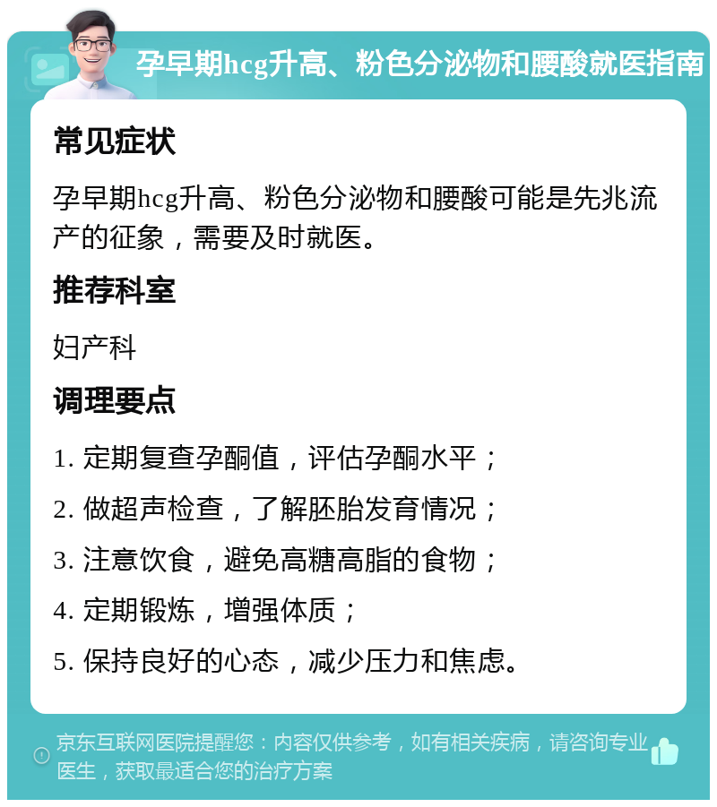 孕早期hcg升高、粉色分泌物和腰酸就医指南 常见症状 孕早期hcg升高、粉色分泌物和腰酸可能是先兆流产的征象，需要及时就医。 推荐科室 妇产科 调理要点 1. 定期复查孕酮值，评估孕酮水平； 2. 做超声检查，了解胚胎发育情况； 3. 注意饮食，避免高糖高脂的食物； 4. 定期锻炼，增强体质； 5. 保持良好的心态，减少压力和焦虑。