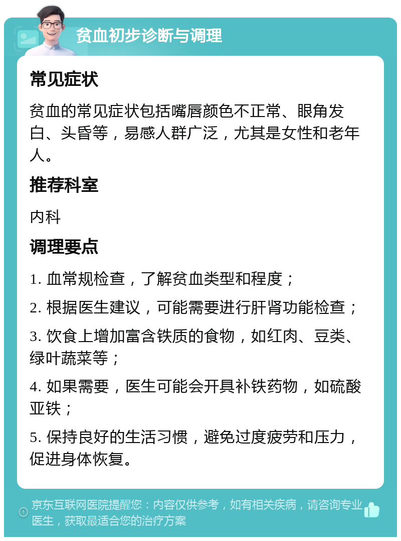 贫血初步诊断与调理 常见症状 贫血的常见症状包括嘴唇颜色不正常、眼角发白、头昏等，易感人群广泛，尤其是女性和老年人。 推荐科室 内科 调理要点 1. 血常规检查，了解贫血类型和程度； 2. 根据医生建议，可能需要进行肝肾功能检查； 3. 饮食上增加富含铁质的食物，如红肉、豆类、绿叶蔬菜等； 4. 如果需要，医生可能会开具补铁药物，如硫酸亚铁； 5. 保持良好的生活习惯，避免过度疲劳和压力，促进身体恢复。