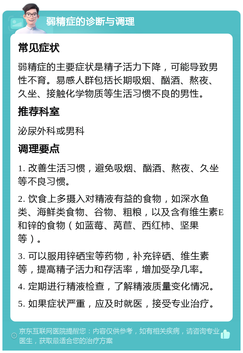 弱精症的诊断与调理 常见症状 弱精症的主要症状是精子活力下降，可能导致男性不育。易感人群包括长期吸烟、酗酒、熬夜、久坐、接触化学物质等生活习惯不良的男性。 推荐科室 泌尿外科或男科 调理要点 1. 改善生活习惯，避免吸烟、酗酒、熬夜、久坐等不良习惯。 2. 饮食上多摄入对精液有益的食物，如深水鱼类、海鲜类食物、谷物、粗粮，以及含有维生素E和锌的食物（如蓝莓、莴苣、西红柿、坚果等）。 3. 可以服用锌硒宝等药物，补充锌硒、维生素等，提高精子活力和存活率，增加受孕几率。 4. 定期进行精液检查，了解精液质量变化情况。 5. 如果症状严重，应及时就医，接受专业治疗。