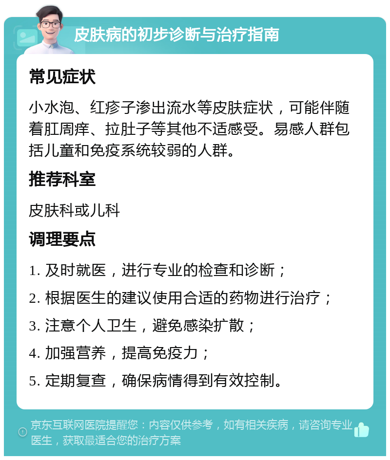 皮肤病的初步诊断与治疗指南 常见症状 小水泡、红疹子渗出流水等皮肤症状，可能伴随着肛周痒、拉肚子等其他不适感受。易感人群包括儿童和免疫系统较弱的人群。 推荐科室 皮肤科或儿科 调理要点 1. 及时就医，进行专业的检查和诊断； 2. 根据医生的建议使用合适的药物进行治疗； 3. 注意个人卫生，避免感染扩散； 4. 加强营养，提高免疫力； 5. 定期复查，确保病情得到有效控制。