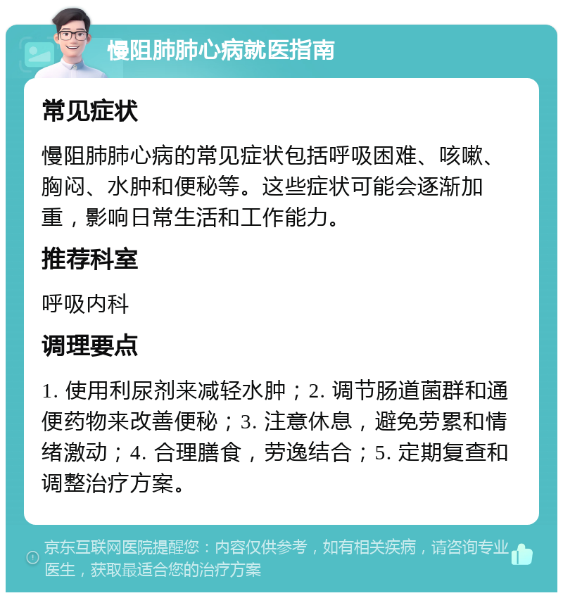 慢阻肺肺心病就医指南 常见症状 慢阻肺肺心病的常见症状包括呼吸困难、咳嗽、胸闷、水肿和便秘等。这些症状可能会逐渐加重，影响日常生活和工作能力。 推荐科室 呼吸内科 调理要点 1. 使用利尿剂来减轻水肿；2. 调节肠道菌群和通便药物来改善便秘；3. 注意休息，避免劳累和情绪激动；4. 合理膳食，劳逸结合；5. 定期复查和调整治疗方案。