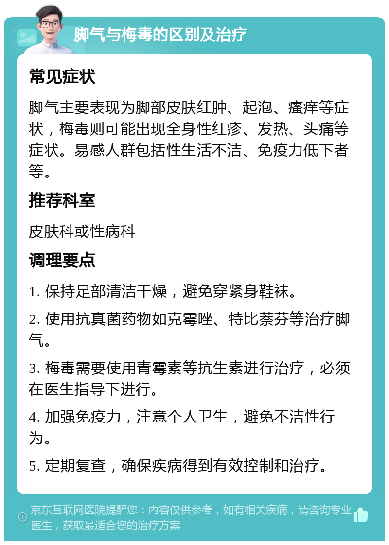 脚气与梅毒的区别及治疗 常见症状 脚气主要表现为脚部皮肤红肿、起泡、瘙痒等症状，梅毒则可能出现全身性红疹、发热、头痛等症状。易感人群包括性生活不洁、免疫力低下者等。 推荐科室 皮肤科或性病科 调理要点 1. 保持足部清洁干燥，避免穿紧身鞋袜。 2. 使用抗真菌药物如克霉唑、特比萘芬等治疗脚气。 3. 梅毒需要使用青霉素等抗生素进行治疗，必须在医生指导下进行。 4. 加强免疫力，注意个人卫生，避免不洁性行为。 5. 定期复查，确保疾病得到有效控制和治疗。