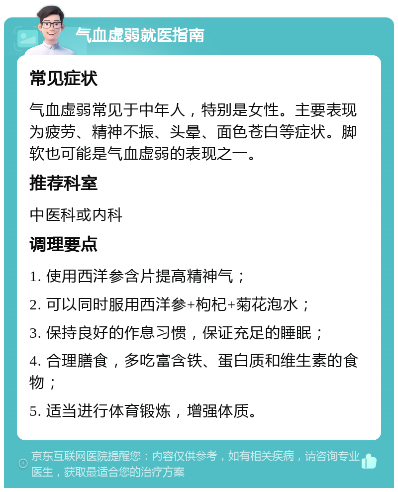 气血虚弱就医指南 常见症状 气血虚弱常见于中年人，特别是女性。主要表现为疲劳、精神不振、头晕、面色苍白等症状。脚软也可能是气血虚弱的表现之一。 推荐科室 中医科或内科 调理要点 1. 使用西洋参含片提高精神气； 2. 可以同时服用西洋参+枸杞+菊花泡水； 3. 保持良好的作息习惯，保证充足的睡眠； 4. 合理膳食，多吃富含铁、蛋白质和维生素的食物； 5. 适当进行体育锻炼，增强体质。