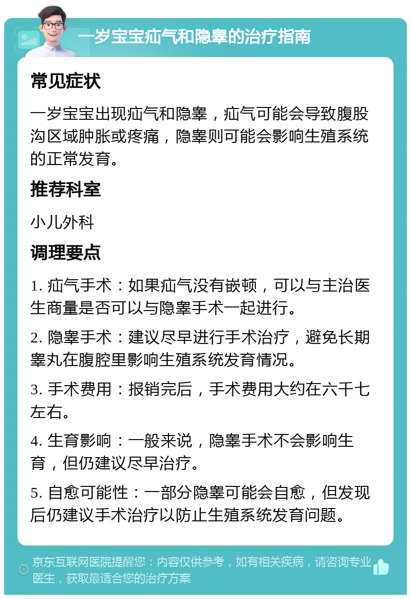 一岁宝宝疝气和隐睾的治疗指南 常见症状 一岁宝宝出现疝气和隐睾，疝气可能会导致腹股沟区域肿胀或疼痛，隐睾则可能会影响生殖系统的正常发育。 推荐科室 小儿外科 调理要点 1. 疝气手术：如果疝气没有嵌顿，可以与主治医生商量是否可以与隐睾手术一起进行。 2. 隐睾手术：建议尽早进行手术治疗，避免长期睾丸在腹腔里影响生殖系统发育情况。 3. 手术费用：报销完后，手术费用大约在六千七左右。 4. 生育影响：一般来说，隐睾手术不会影响生育，但仍建议尽早治疗。 5. 自愈可能性：一部分隐睾可能会自愈，但发现后仍建议手术治疗以防止生殖系统发育问题。