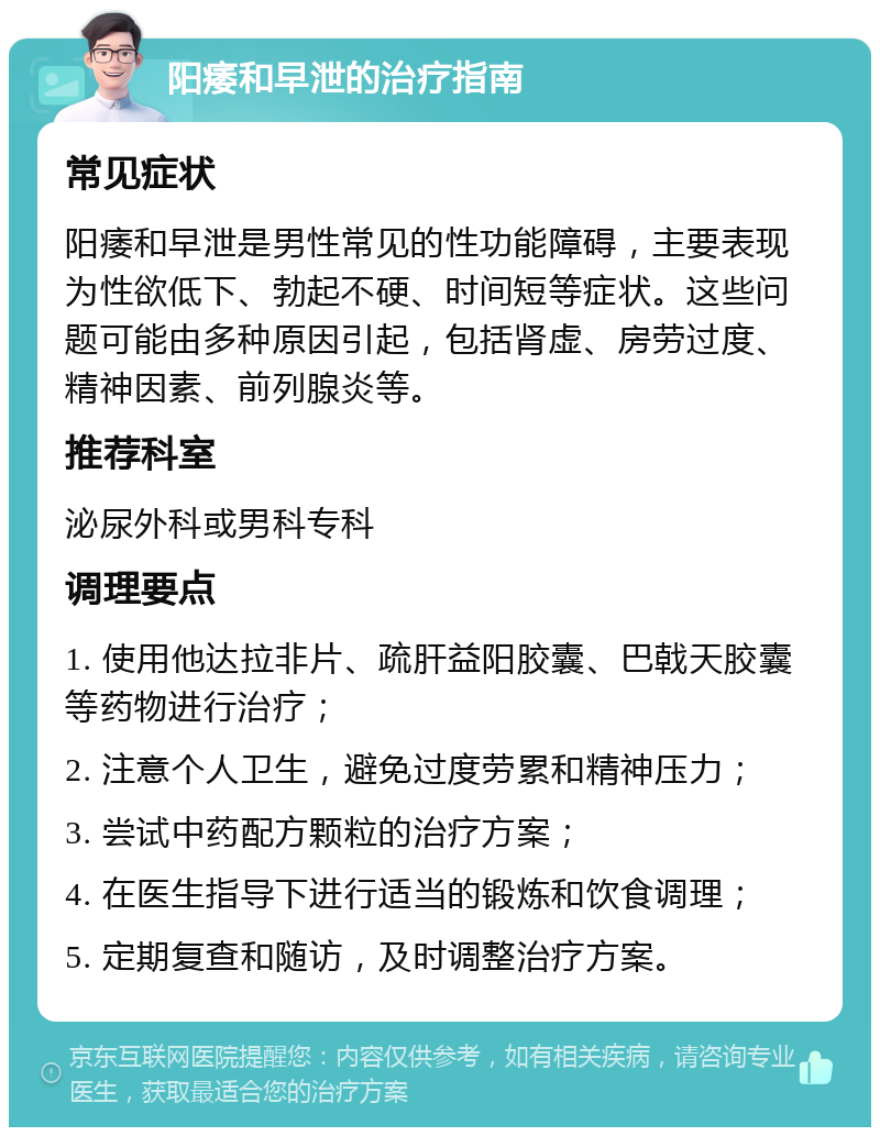 阳痿和早泄的治疗指南 常见症状 阳痿和早泄是男性常见的性功能障碍，主要表现为性欲低下、勃起不硬、时间短等症状。这些问题可能由多种原因引起，包括肾虚、房劳过度、精神因素、前列腺炎等。 推荐科室 泌尿外科或男科专科 调理要点 1. 使用他达拉非片、疏肝益阳胶囊、巴戟天胶囊等药物进行治疗； 2. 注意个人卫生，避免过度劳累和精神压力； 3. 尝试中药配方颗粒的治疗方案； 4. 在医生指导下进行适当的锻炼和饮食调理； 5. 定期复查和随访，及时调整治疗方案。