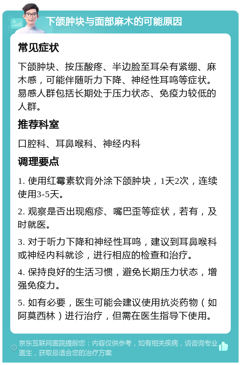 下颌肿块与面部麻木的可能原因 常见症状 下颌肿块、按压酸疼、半边脸至耳朵有紧绷、麻木感，可能伴随听力下降、神经性耳鸣等症状。易感人群包括长期处于压力状态、免疫力较低的人群。 推荐科室 口腔科、耳鼻喉科、神经内科 调理要点 1. 使用红霉素软膏外涂下颌肿块，1天2次，连续使用3-5天。 2. 观察是否出现疱疹、嘴巴歪等症状，若有，及时就医。 3. 对于听力下降和神经性耳鸣，建议到耳鼻喉科或神经内科就诊，进行相应的检查和治疗。 4. 保持良好的生活习惯，避免长期压力状态，增强免疫力。 5. 如有必要，医生可能会建议使用抗炎药物（如阿莫西林）进行治疗，但需在医生指导下使用。