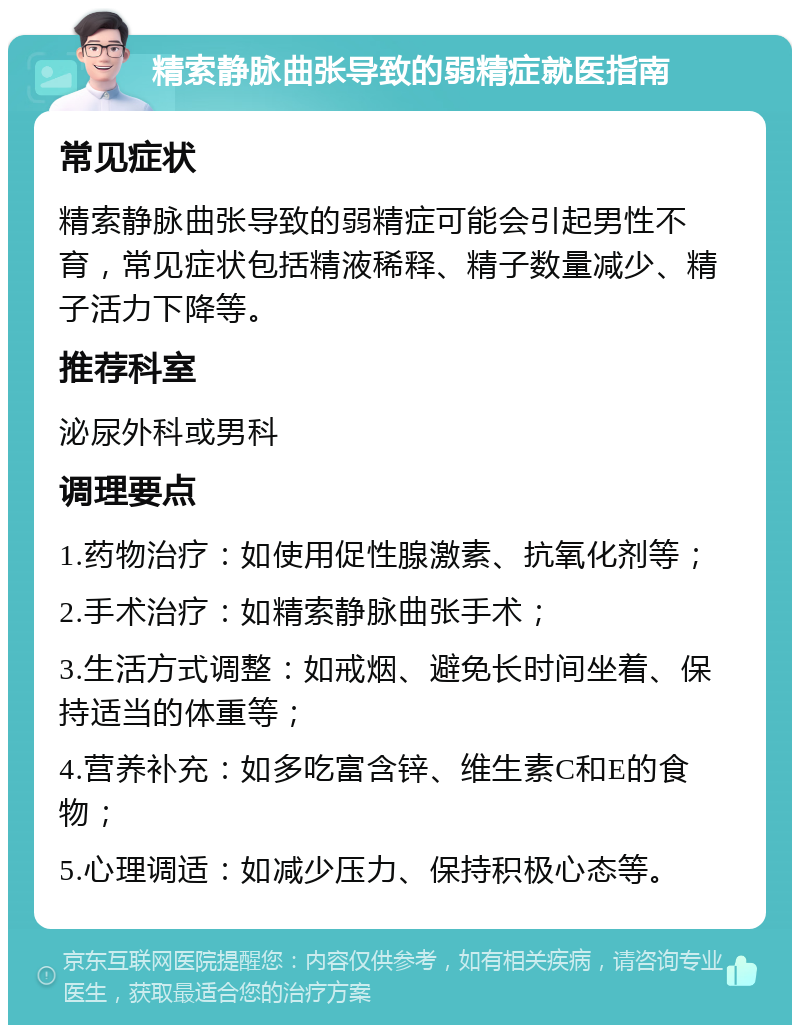 精索静脉曲张导致的弱精症就医指南 常见症状 精索静脉曲张导致的弱精症可能会引起男性不育，常见症状包括精液稀释、精子数量减少、精子活力下降等。 推荐科室 泌尿外科或男科 调理要点 1.药物治疗：如使用促性腺激素、抗氧化剂等； 2.手术治疗：如精索静脉曲张手术； 3.生活方式调整：如戒烟、避免长时间坐着、保持适当的体重等； 4.营养补充：如多吃富含锌、维生素C和E的食物； 5.心理调适：如减少压力、保持积极心态等。