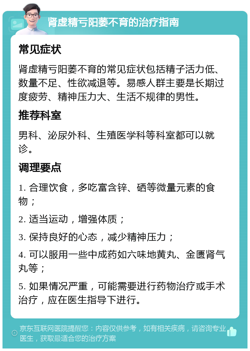 肾虚精亏阳萎不育的治疗指南 常见症状 肾虚精亏阳萎不育的常见症状包括精子活力低、数量不足、性欲减退等。易感人群主要是长期过度疲劳、精神压力大、生活不规律的男性。 推荐科室 男科、泌尿外科、生殖医学科等科室都可以就诊。 调理要点 1. 合理饮食，多吃富含锌、硒等微量元素的食物； 2. 适当运动，增强体质； 3. 保持良好的心态，减少精神压力； 4. 可以服用一些中成药如六味地黄丸、金匮肾气丸等； 5. 如果情况严重，可能需要进行药物治疗或手术治疗，应在医生指导下进行。