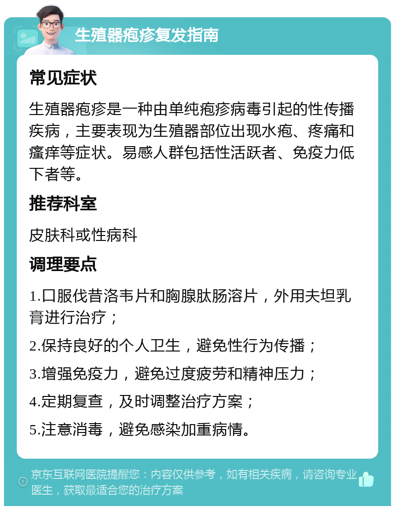 生殖器疱疹复发指南 常见症状 生殖器疱疹是一种由单纯疱疹病毒引起的性传播疾病，主要表现为生殖器部位出现水疱、疼痛和瘙痒等症状。易感人群包括性活跃者、免疫力低下者等。 推荐科室 皮肤科或性病科 调理要点 1.口服伐昔洛韦片和胸腺肽肠溶片，外用夫坦乳膏进行治疗； 2.保持良好的个人卫生，避免性行为传播； 3.增强免疫力，避免过度疲劳和精神压力； 4.定期复查，及时调整治疗方案； 5.注意消毒，避免感染加重病情。