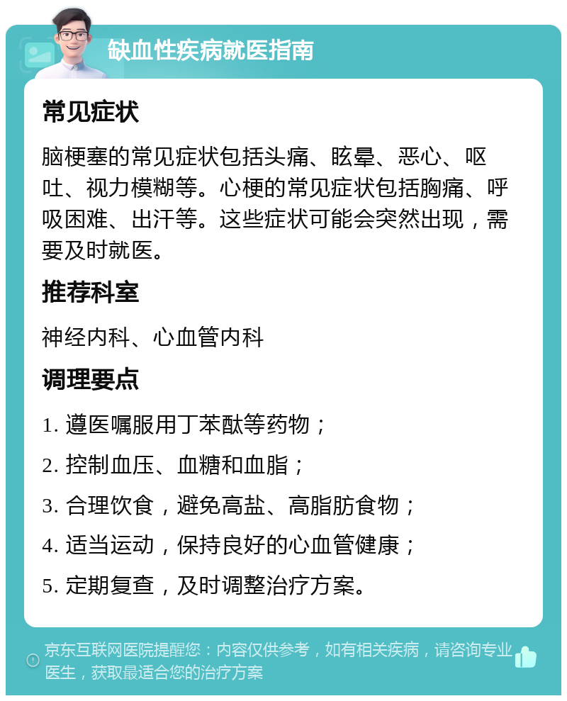 缺血性疾病就医指南 常见症状 脑梗塞的常见症状包括头痛、眩晕、恶心、呕吐、视力模糊等。心梗的常见症状包括胸痛、呼吸困难、出汗等。这些症状可能会突然出现，需要及时就医。 推荐科室 神经内科、心血管内科 调理要点 1. 遵医嘱服用丁苯酞等药物； 2. 控制血压、血糖和血脂； 3. 合理饮食，避免高盐、高脂肪食物； 4. 适当运动，保持良好的心血管健康； 5. 定期复查，及时调整治疗方案。