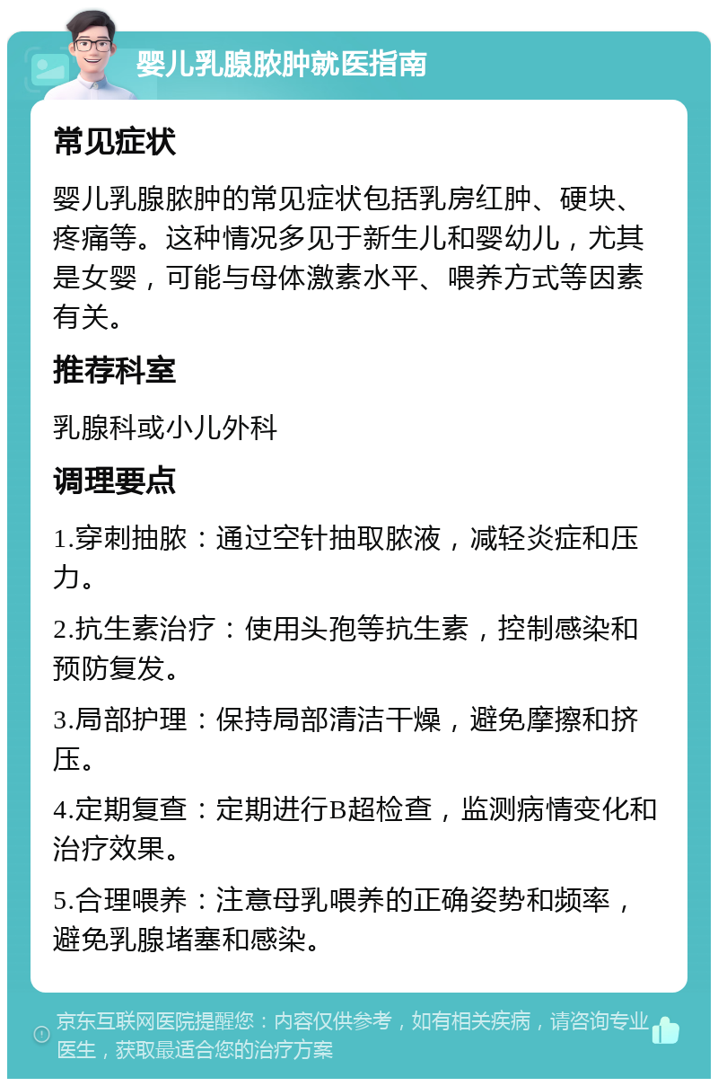 婴儿乳腺脓肿就医指南 常见症状 婴儿乳腺脓肿的常见症状包括乳房红肿、硬块、疼痛等。这种情况多见于新生儿和婴幼儿，尤其是女婴，可能与母体激素水平、喂养方式等因素有关。 推荐科室 乳腺科或小儿外科 调理要点 1.穿刺抽脓：通过空针抽取脓液，减轻炎症和压力。 2.抗生素治疗：使用头孢等抗生素，控制感染和预防复发。 3.局部护理：保持局部清洁干燥，避免摩擦和挤压。 4.定期复查：定期进行B超检查，监测病情变化和治疗效果。 5.合理喂养：注意母乳喂养的正确姿势和频率，避免乳腺堵塞和感染。