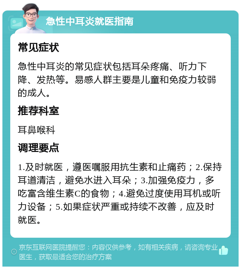 急性中耳炎就医指南 常见症状 急性中耳炎的常见症状包括耳朵疼痛、听力下降、发热等。易感人群主要是儿童和免疫力较弱的成人。 推荐科室 耳鼻喉科 调理要点 1.及时就医，遵医嘱服用抗生素和止痛药；2.保持耳道清洁，避免水进入耳朵；3.加强免疫力，多吃富含维生素C的食物；4.避免过度使用耳机或听力设备；5.如果症状严重或持续不改善，应及时就医。