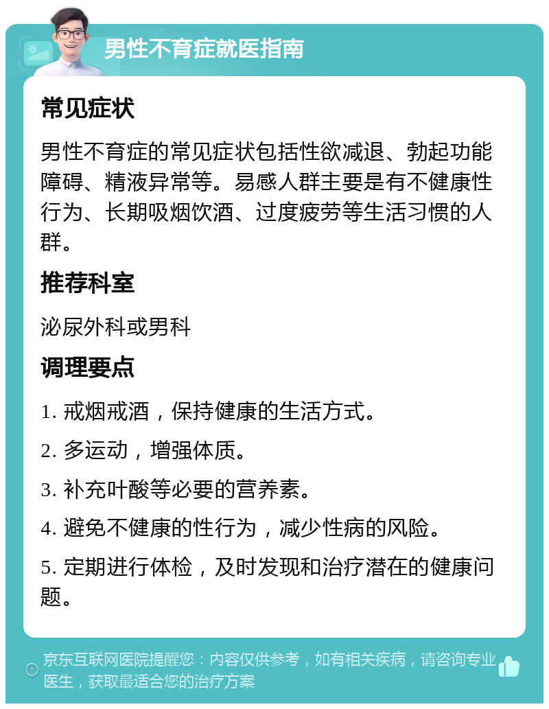 男性不育症就医指南 常见症状 男性不育症的常见症状包括性欲减退、勃起功能障碍、精液异常等。易感人群主要是有不健康性行为、长期吸烟饮酒、过度疲劳等生活习惯的人群。 推荐科室 泌尿外科或男科 调理要点 1. 戒烟戒酒，保持健康的生活方式。 2. 多运动，增强体质。 3. 补充叶酸等必要的营养素。 4. 避免不健康的性行为，减少性病的风险。 5. 定期进行体检，及时发现和治疗潜在的健康问题。