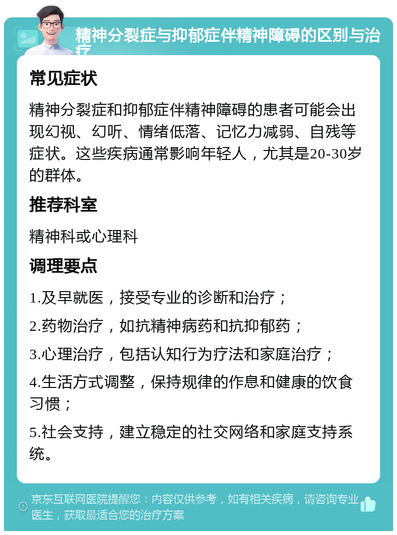 精神分裂症与抑郁症伴精神障碍的区别与治疗 常见症状 精神分裂症和抑郁症伴精神障碍的患者可能会出现幻视、幻听、情绪低落、记忆力减弱、自残等症状。这些疾病通常影响年轻人，尤其是20-30岁的群体。 推荐科室 精神科或心理科 调理要点 1.及早就医，接受专业的诊断和治疗； 2.药物治疗，如抗精神病药和抗抑郁药； 3.心理治疗，包括认知行为疗法和家庭治疗； 4.生活方式调整，保持规律的作息和健康的饮食习惯； 5.社会支持，建立稳定的社交网络和家庭支持系统。