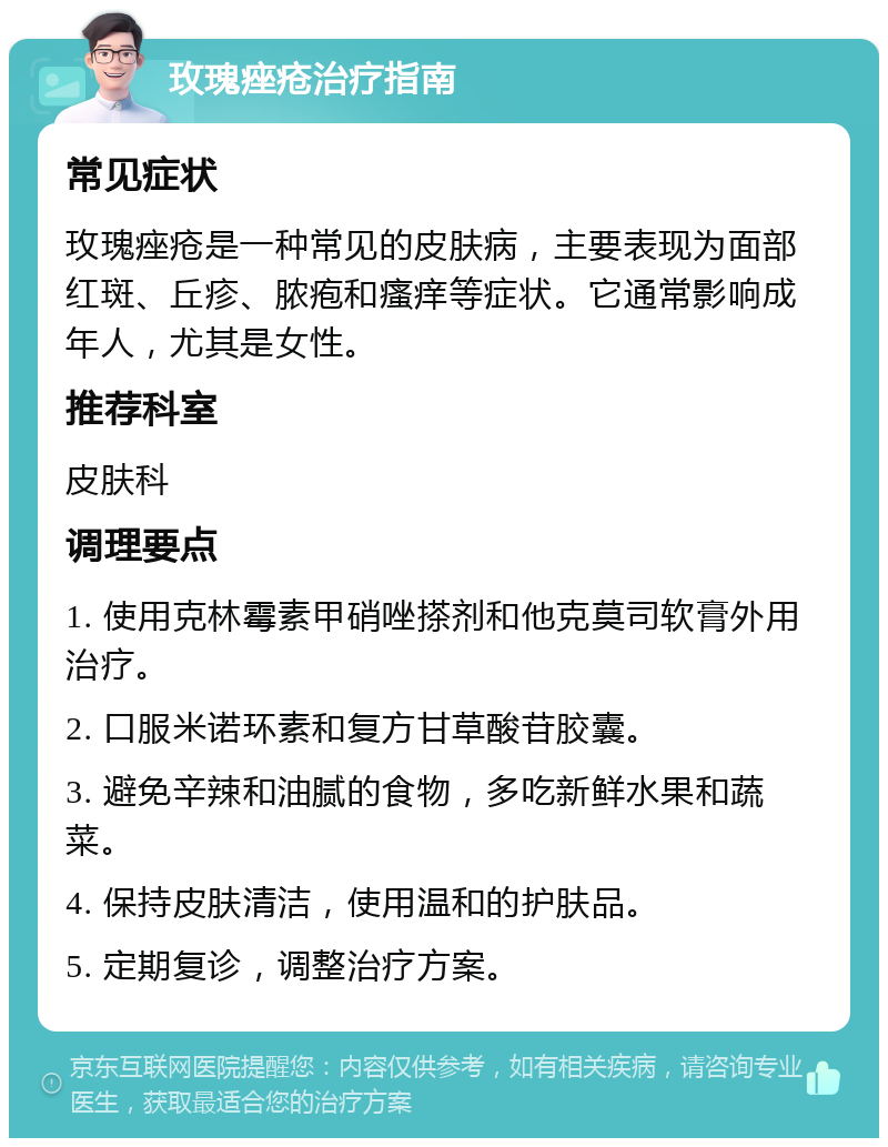 玫瑰痤疮治疗指南 常见症状 玫瑰痤疮是一种常见的皮肤病，主要表现为面部红斑、丘疹、脓疱和瘙痒等症状。它通常影响成年人，尤其是女性。 推荐科室 皮肤科 调理要点 1. 使用克林霉素甲硝唑搽剂和他克莫司软膏外用治疗。 2. 口服米诺环素和复方甘草酸苷胶囊。 3. 避免辛辣和油腻的食物，多吃新鲜水果和蔬菜。 4. 保持皮肤清洁，使用温和的护肤品。 5. 定期复诊，调整治疗方案。