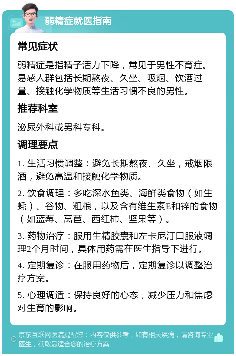 弱精症就医指南 常见症状 弱精症是指精子活力下降，常见于男性不育症。易感人群包括长期熬夜、久坐、吸烟、饮酒过量、接触化学物质等生活习惯不良的男性。 推荐科室 泌尿外科或男科专科。 调理要点 1. 生活习惯调整：避免长期熬夜、久坐，戒烟限酒，避免高温和接触化学物质。 2. 饮食调理：多吃深水鱼类、海鲜类食物（如生蚝）、谷物、粗粮，以及含有维生素E和锌的食物（如蓝莓、莴苣、西红柿、坚果等）。 3. 药物治疗：服用生精胶囊和左卡尼汀口服液调理2个月时间，具体用药需在医生指导下进行。 4. 定期复诊：在服用药物后，定期复诊以调整治疗方案。 5. 心理调适：保持良好的心态，减少压力和焦虑对生育的影响。