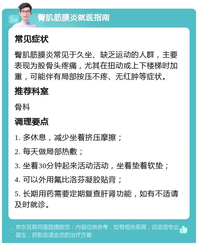 臀肌筋膜炎就医指南 常见症状 臀肌筋膜炎常见于久坐、缺乏运动的人群，主要表现为股骨头疼痛，尤其在扭动或上下楼梯时加重，可能伴有局部按压不疼、无红肿等症状。 推荐科室 骨科 调理要点 1. 多休息，减少坐着挤压摩擦； 2. 每天做局部热敷； 3. 坐着30分钟起来活动活动，坐着垫着软垫； 4. 可以外用氟比洛芬凝胶贴膏； 5. 长期用药需要定期复查肝肾功能，如有不适请及时就诊。