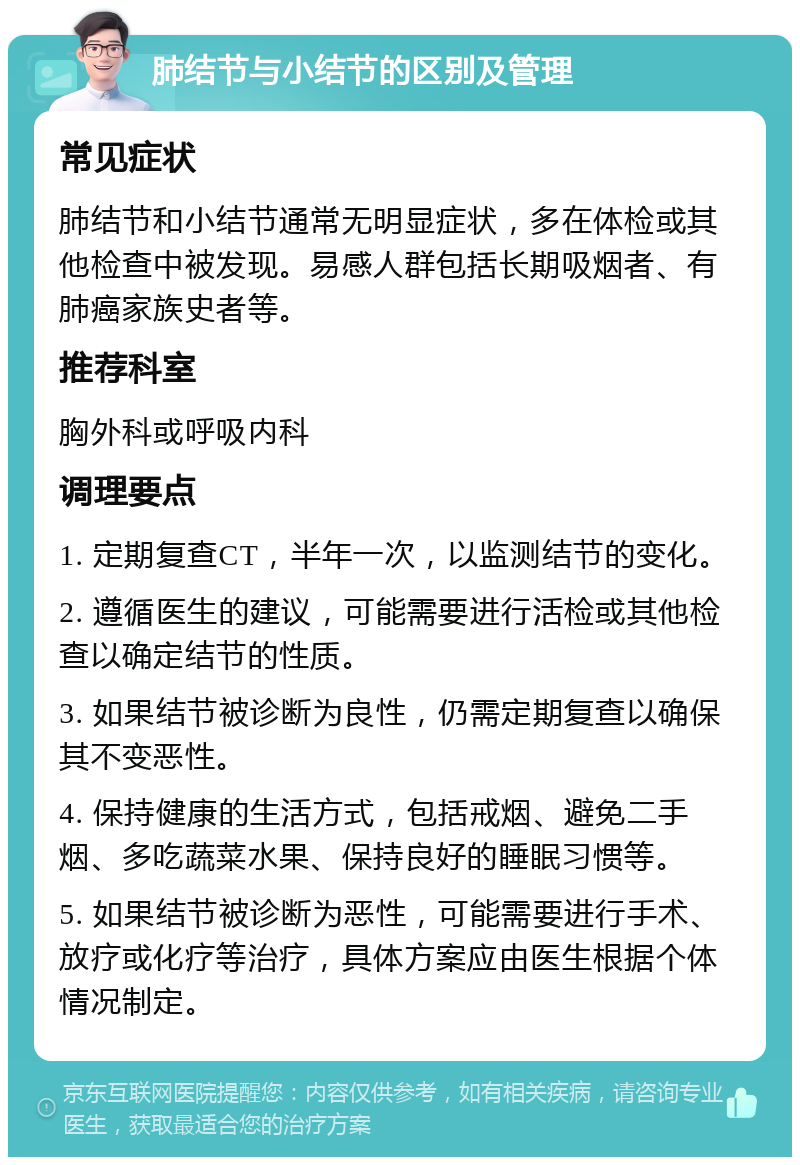 肺结节与小结节的区别及管理 常见症状 肺结节和小结节通常无明显症状，多在体检或其他检查中被发现。易感人群包括长期吸烟者、有肺癌家族史者等。 推荐科室 胸外科或呼吸内科 调理要点 1. 定期复查CT，半年一次，以监测结节的变化。 2. 遵循医生的建议，可能需要进行活检或其他检查以确定结节的性质。 3. 如果结节被诊断为良性，仍需定期复查以确保其不变恶性。 4. 保持健康的生活方式，包括戒烟、避免二手烟、多吃蔬菜水果、保持良好的睡眠习惯等。 5. 如果结节被诊断为恶性，可能需要进行手术、放疗或化疗等治疗，具体方案应由医生根据个体情况制定。