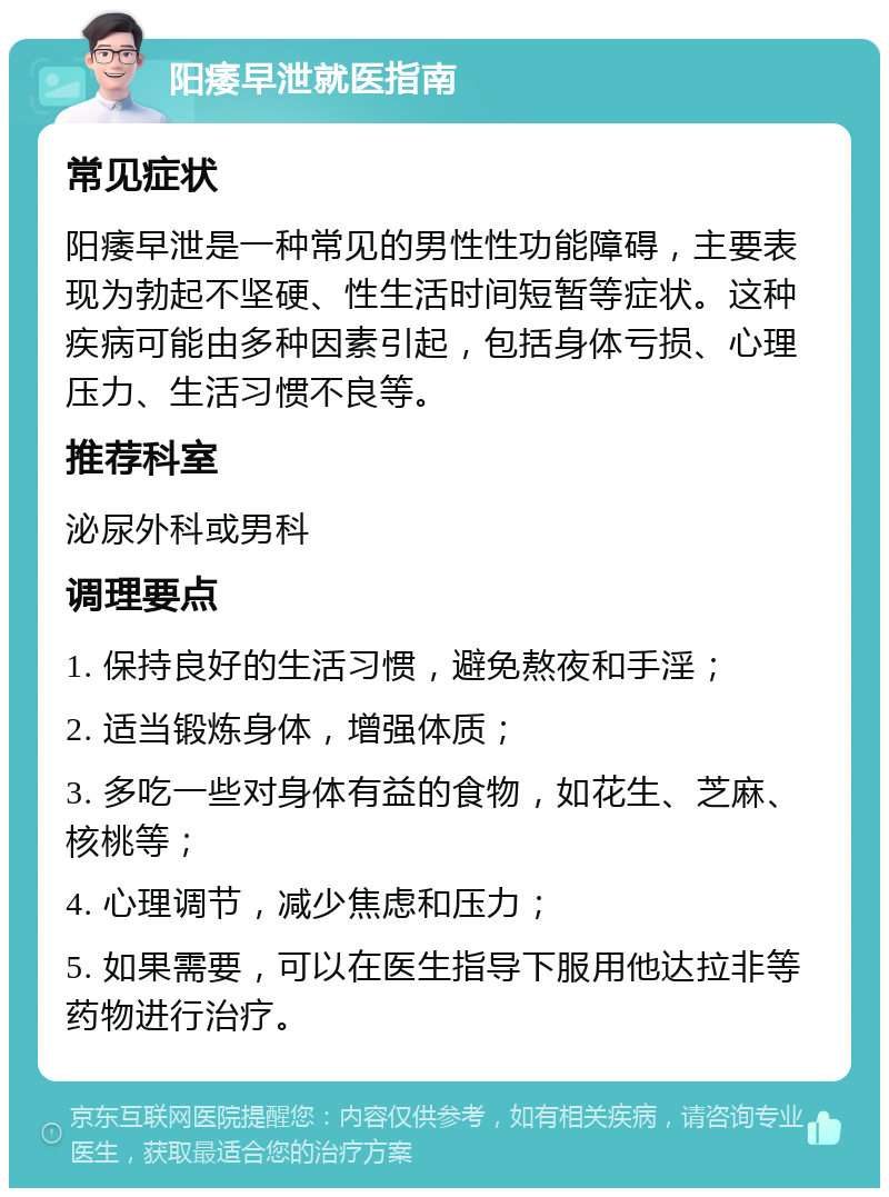 阳痿早泄就医指南 常见症状 阳痿早泄是一种常见的男性性功能障碍，主要表现为勃起不坚硬、性生活时间短暂等症状。这种疾病可能由多种因素引起，包括身体亏损、心理压力、生活习惯不良等。 推荐科室 泌尿外科或男科 调理要点 1. 保持良好的生活习惯，避免熬夜和手淫； 2. 适当锻炼身体，增强体质； 3. 多吃一些对身体有益的食物，如花生、芝麻、核桃等； 4. 心理调节，减少焦虑和压力； 5. 如果需要，可以在医生指导下服用他达拉非等药物进行治疗。