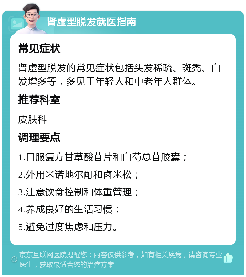 肾虚型脱发就医指南 常见症状 肾虚型脱发的常见症状包括头发稀疏、斑秃、白发增多等，多见于年轻人和中老年人群体。 推荐科室 皮肤科 调理要点 1.口服复方甘草酸苷片和白芍总苷胶囊； 2.外用米诺地尔酊和卤米松； 3.注意饮食控制和体重管理； 4.养成良好的生活习惯； 5.避免过度焦虑和压力。