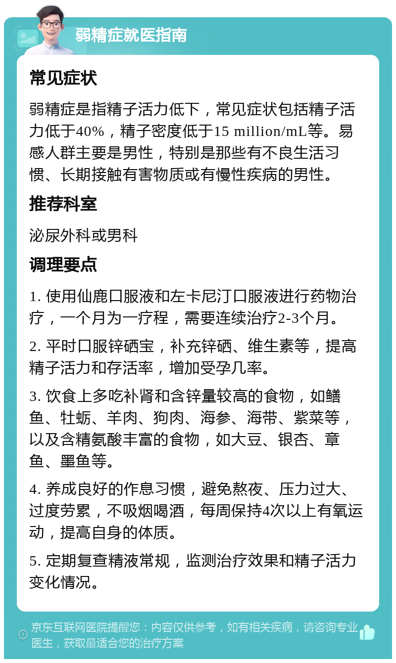 弱精症就医指南 常见症状 弱精症是指精子活力低下，常见症状包括精子活力低于40%，精子密度低于15 million/mL等。易感人群主要是男性，特别是那些有不良生活习惯、长期接触有害物质或有慢性疾病的男性。 推荐科室 泌尿外科或男科 调理要点 1. 使用仙鹿口服液和左卡尼汀口服液进行药物治疗，一个月为一疗程，需要连续治疗2-3个月。 2. 平时口服锌硒宝，补充锌硒、维生素等，提高精子活力和存活率，增加受孕几率。 3. 饮食上多吃补肾和含锌量较高的食物，如鳝鱼、牡蛎、羊肉、狗肉、海参、海带、紫菜等，以及含精氨酸丰富的食物，如大豆、银杏、章鱼、墨鱼等。 4. 养成良好的作息习惯，避免熬夜、压力过大、过度劳累，不吸烟喝酒，每周保持4次以上有氧运动，提高自身的体质。 5. 定期复查精液常规，监测治疗效果和精子活力变化情况。