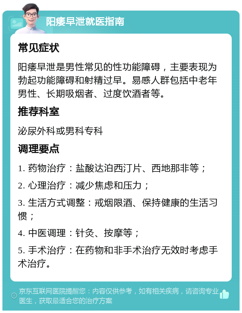 阳痿早泄就医指南 常见症状 阳痿早泄是男性常见的性功能障碍，主要表现为勃起功能障碍和射精过早。易感人群包括中老年男性、长期吸烟者、过度饮酒者等。 推荐科室 泌尿外科或男科专科 调理要点 1. 药物治疗：盐酸达泊西汀片、西地那非等； 2. 心理治疗：减少焦虑和压力； 3. 生活方式调整：戒烟限酒、保持健康的生活习惯； 4. 中医调理：针灸、按摩等； 5. 手术治疗：在药物和非手术治疗无效时考虑手术治疗。