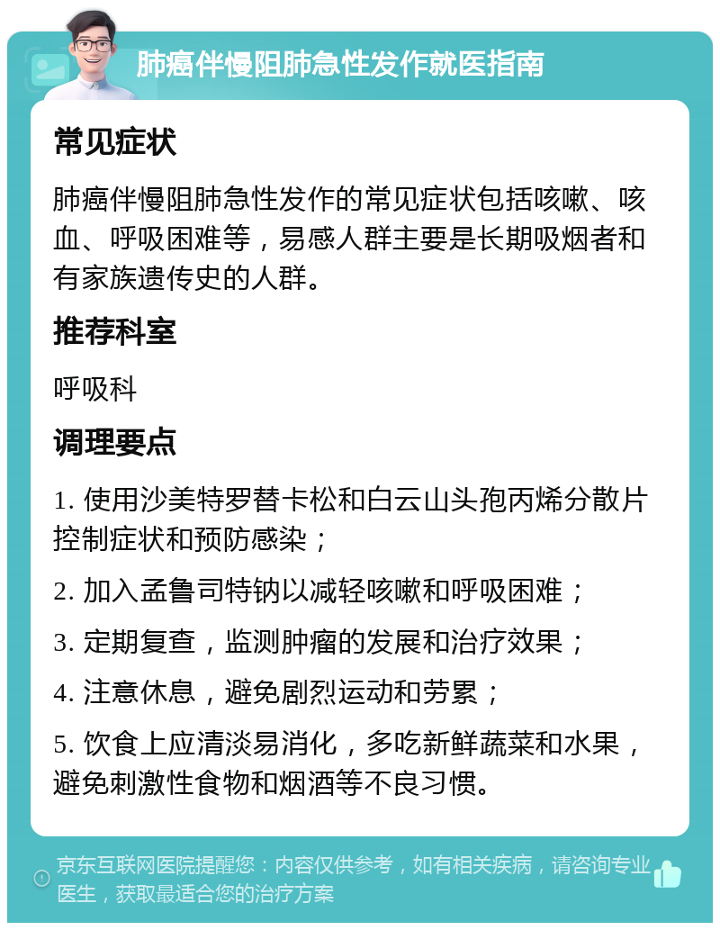 肺癌伴慢阻肺急性发作就医指南 常见症状 肺癌伴慢阻肺急性发作的常见症状包括咳嗽、咳血、呼吸困难等，易感人群主要是长期吸烟者和有家族遗传史的人群。 推荐科室 呼吸科 调理要点 1. 使用沙美特罗替卡松和白云山头孢丙烯分散片控制症状和预防感染； 2. 加入孟鲁司特钠以减轻咳嗽和呼吸困难； 3. 定期复查，监测肿瘤的发展和治疗效果； 4. 注意休息，避免剧烈运动和劳累； 5. 饮食上应清淡易消化，多吃新鲜蔬菜和水果，避免刺激性食物和烟酒等不良习惯。