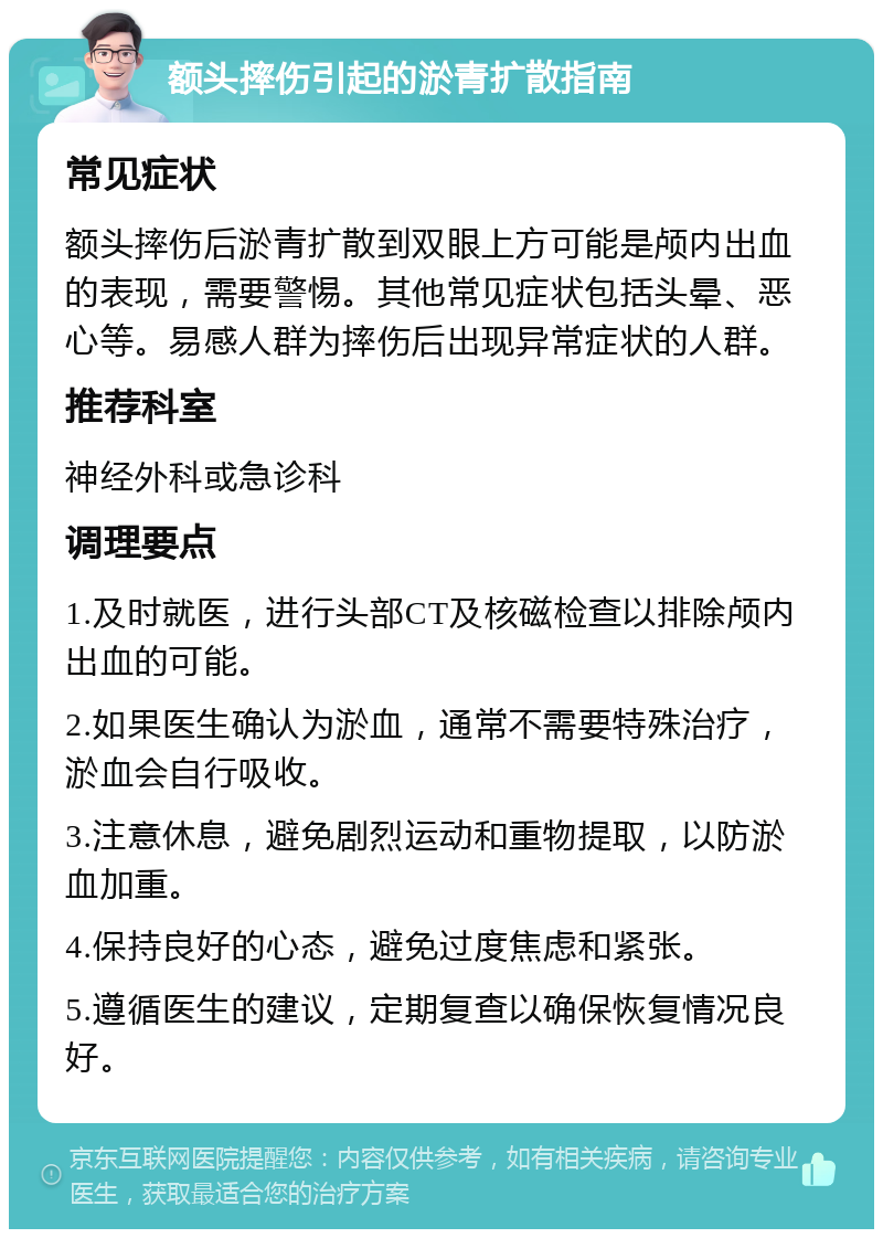 额头摔伤引起的淤青扩散指南 常见症状 额头摔伤后淤青扩散到双眼上方可能是颅内出血的表现，需要警惕。其他常见症状包括头晕、恶心等。易感人群为摔伤后出现异常症状的人群。 推荐科室 神经外科或急诊科 调理要点 1.及时就医，进行头部CT及核磁检查以排除颅内出血的可能。 2.如果医生确认为淤血，通常不需要特殊治疗，淤血会自行吸收。 3.注意休息，避免剧烈运动和重物提取，以防淤血加重。 4.保持良好的心态，避免过度焦虑和紧张。 5.遵循医生的建议，定期复查以确保恢复情况良好。