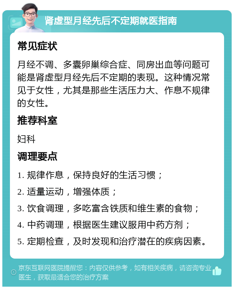 肾虚型月经先后不定期就医指南 常见症状 月经不调、多囊卵巢综合症、同房出血等问题可能是肾虚型月经先后不定期的表现。这种情况常见于女性，尤其是那些生活压力大、作息不规律的女性。 推荐科室 妇科 调理要点 1. 规律作息，保持良好的生活习惯； 2. 适量运动，增强体质； 3. 饮食调理，多吃富含铁质和维生素的食物； 4. 中药调理，根据医生建议服用中药方剂； 5. 定期检查，及时发现和治疗潜在的疾病因素。