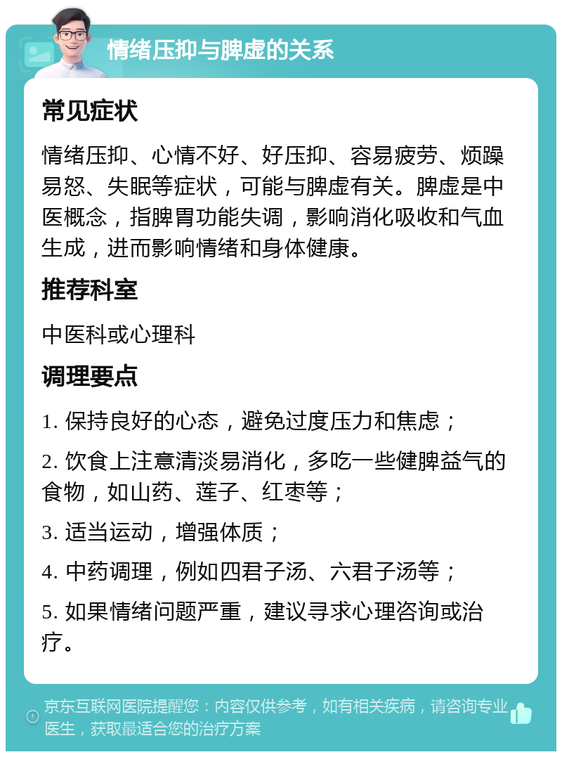 情绪压抑与脾虚的关系 常见症状 情绪压抑、心情不好、好压抑、容易疲劳、烦躁易怒、失眠等症状，可能与脾虚有关。脾虚是中医概念，指脾胃功能失调，影响消化吸收和气血生成，进而影响情绪和身体健康。 推荐科室 中医科或心理科 调理要点 1. 保持良好的心态，避免过度压力和焦虑； 2. 饮食上注意清淡易消化，多吃一些健脾益气的食物，如山药、莲子、红枣等； 3. 适当运动，增强体质； 4. 中药调理，例如四君子汤、六君子汤等； 5. 如果情绪问题严重，建议寻求心理咨询或治疗。