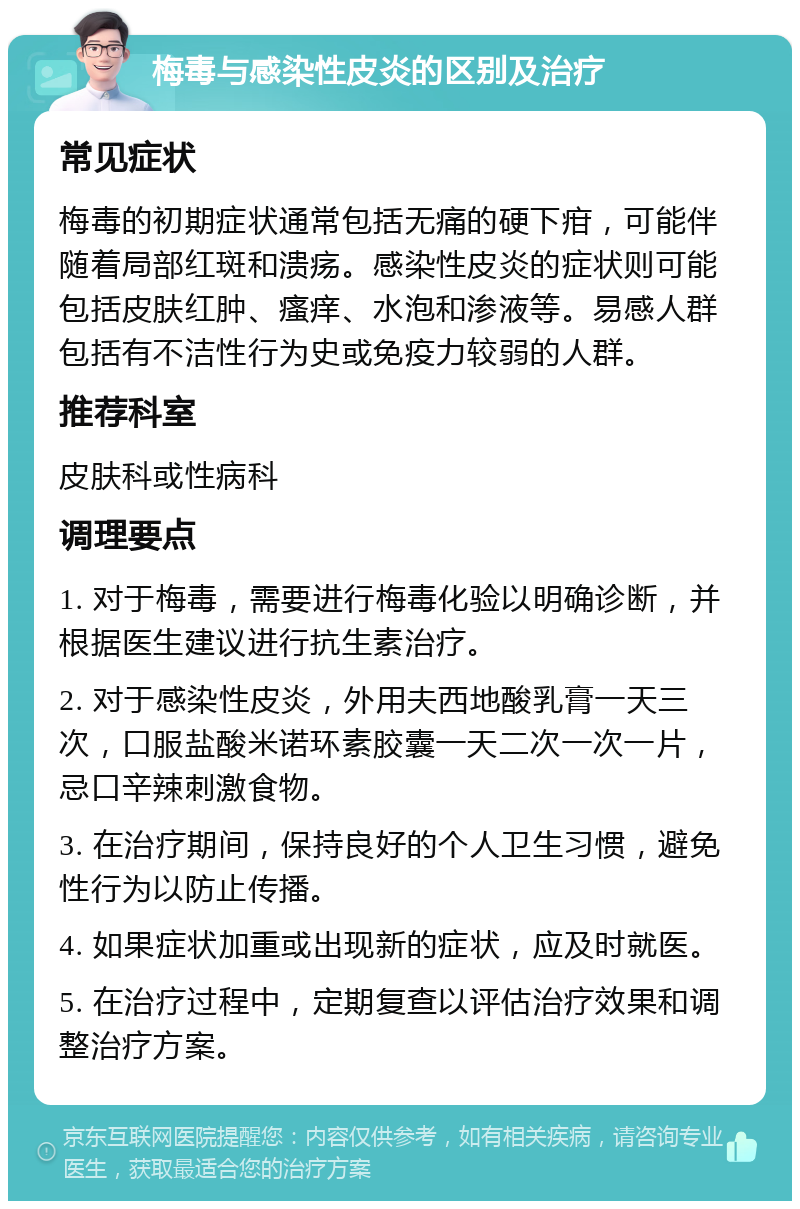 梅毒与感染性皮炎的区别及治疗 常见症状 梅毒的初期症状通常包括无痛的硬下疳，可能伴随着局部红斑和溃疡。感染性皮炎的症状则可能包括皮肤红肿、瘙痒、水泡和渗液等。易感人群包括有不洁性行为史或免疫力较弱的人群。 推荐科室 皮肤科或性病科 调理要点 1. 对于梅毒，需要进行梅毒化验以明确诊断，并根据医生建议进行抗生素治疗。 2. 对于感染性皮炎，外用夫西地酸乳膏一天三次，口服盐酸米诺环素胶囊一天二次一次一片，忌口辛辣刺激食物。 3. 在治疗期间，保持良好的个人卫生习惯，避免性行为以防止传播。 4. 如果症状加重或出现新的症状，应及时就医。 5. 在治疗过程中，定期复查以评估治疗效果和调整治疗方案。