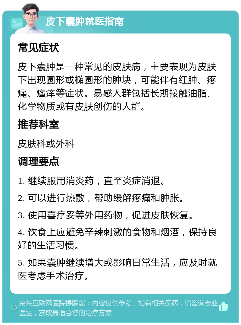 皮下囊肿就医指南 常见症状 皮下囊肿是一种常见的皮肤病，主要表现为皮肤下出现圆形或椭圆形的肿块，可能伴有红肿、疼痛、瘙痒等症状。易感人群包括长期接触油脂、化学物质或有皮肤创伤的人群。 推荐科室 皮肤科或外科 调理要点 1. 继续服用消炎药，直至炎症消退。 2. 可以进行热敷，帮助缓解疼痛和肿胀。 3. 使用喜疗妥等外用药物，促进皮肤恢复。 4. 饮食上应避免辛辣刺激的食物和烟酒，保持良好的生活习惯。 5. 如果囊肿继续增大或影响日常生活，应及时就医考虑手术治疗。