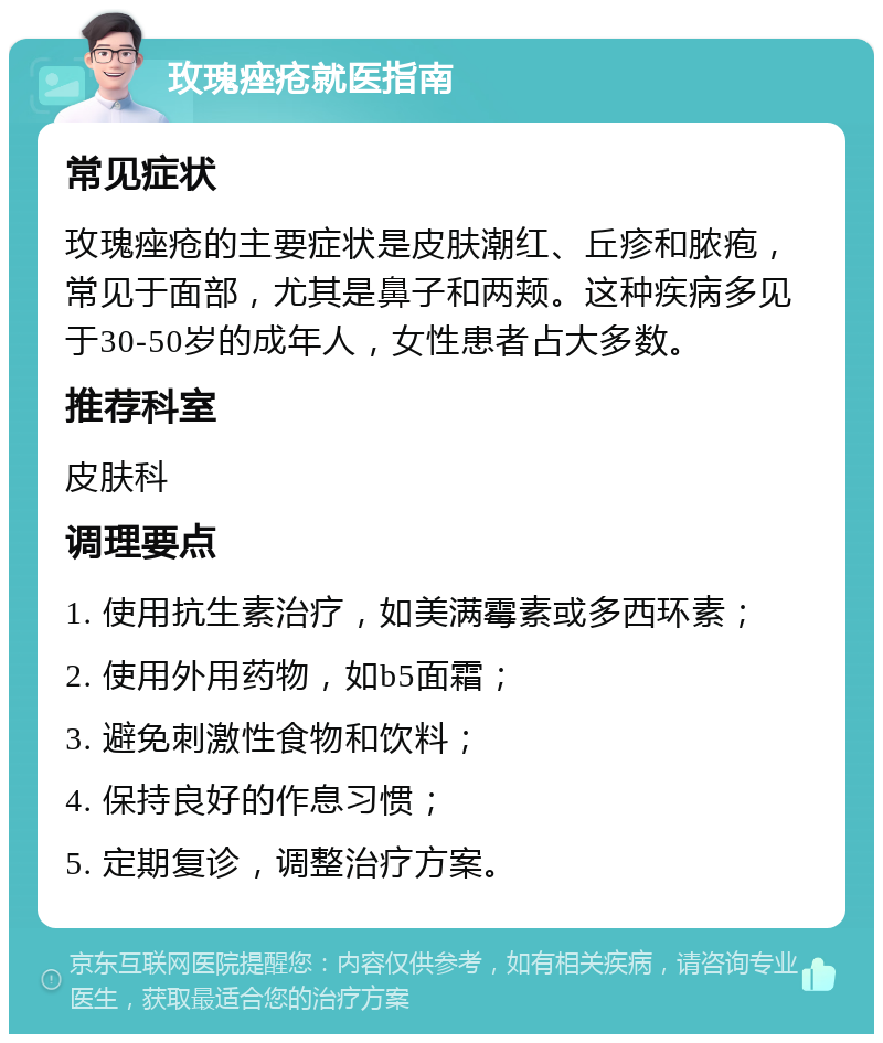 玫瑰痤疮就医指南 常见症状 玫瑰痤疮的主要症状是皮肤潮红、丘疹和脓疱，常见于面部，尤其是鼻子和两颊。这种疾病多见于30-50岁的成年人，女性患者占大多数。 推荐科室 皮肤科 调理要点 1. 使用抗生素治疗，如美满霉素或多西环素； 2. 使用外用药物，如b5面霜； 3. 避免刺激性食物和饮料； 4. 保持良好的作息习惯； 5. 定期复诊，调整治疗方案。